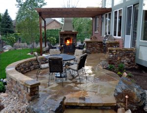 astounding roofless backyard patio ideas with granite floor and brick low  fence also fireplace KSNDTVC