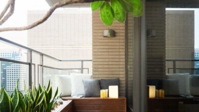 balcony design outside the living room, a beautiful covered terrace acts as a miniature  backyard, complete. SZDLRER