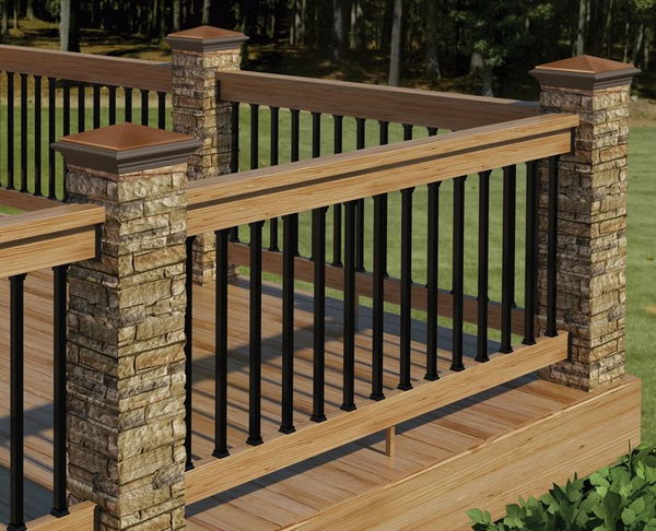 deck railing ideas stone, metal and wood deck railing TVHWFYP