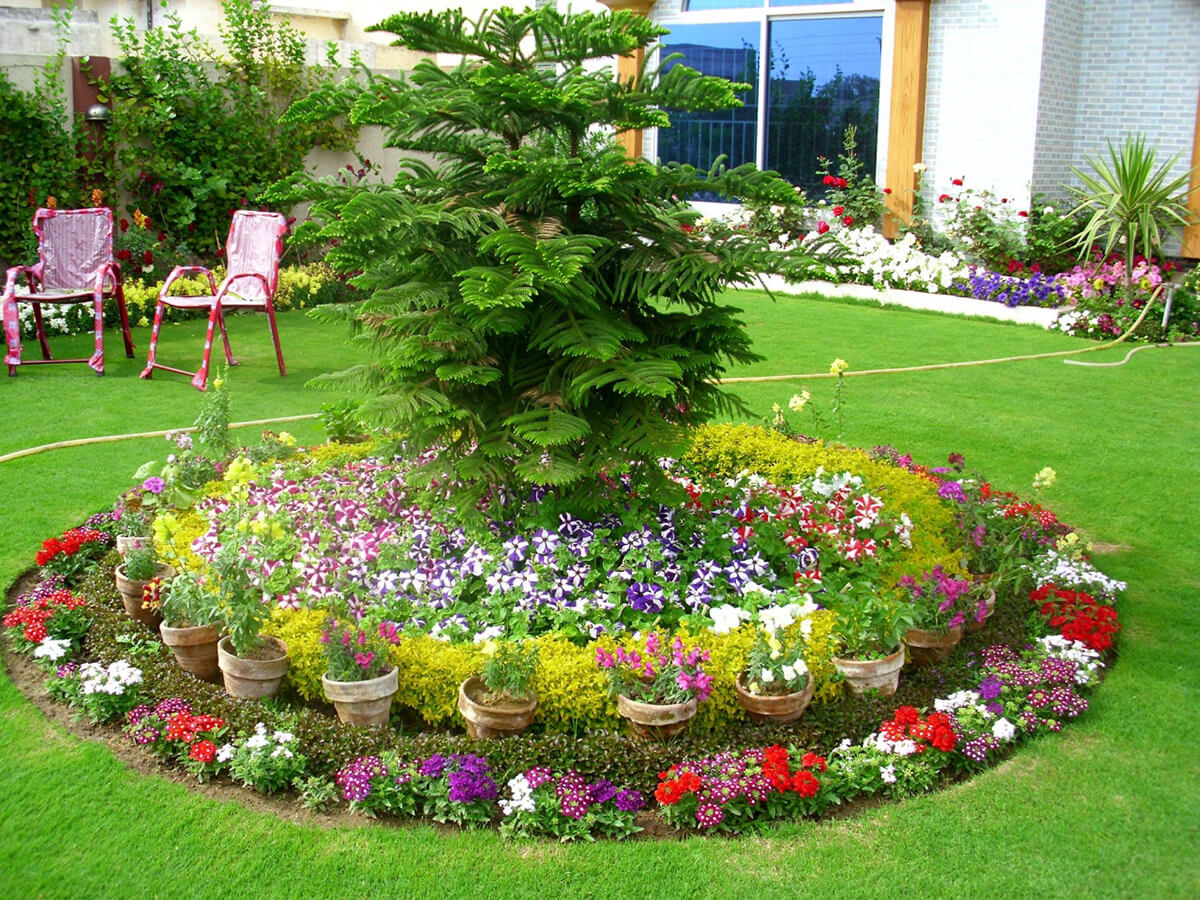 flower bed ideas round flower bed with pots FSXTGTQ