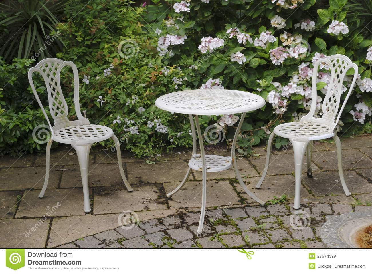 garden table and chairs bush garden hydrangea patio table ironwork paving plant flower chairless TLJTRKN