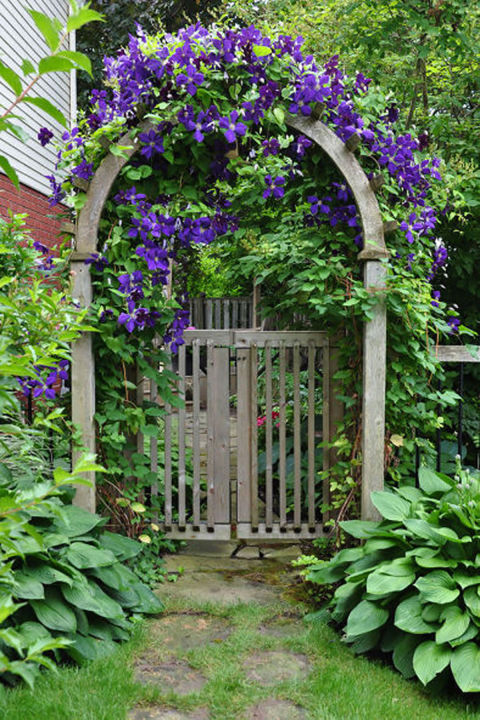 one of the most classic and enticing garden gates is a simple, unpainted  wooden frame that MGDUHTS