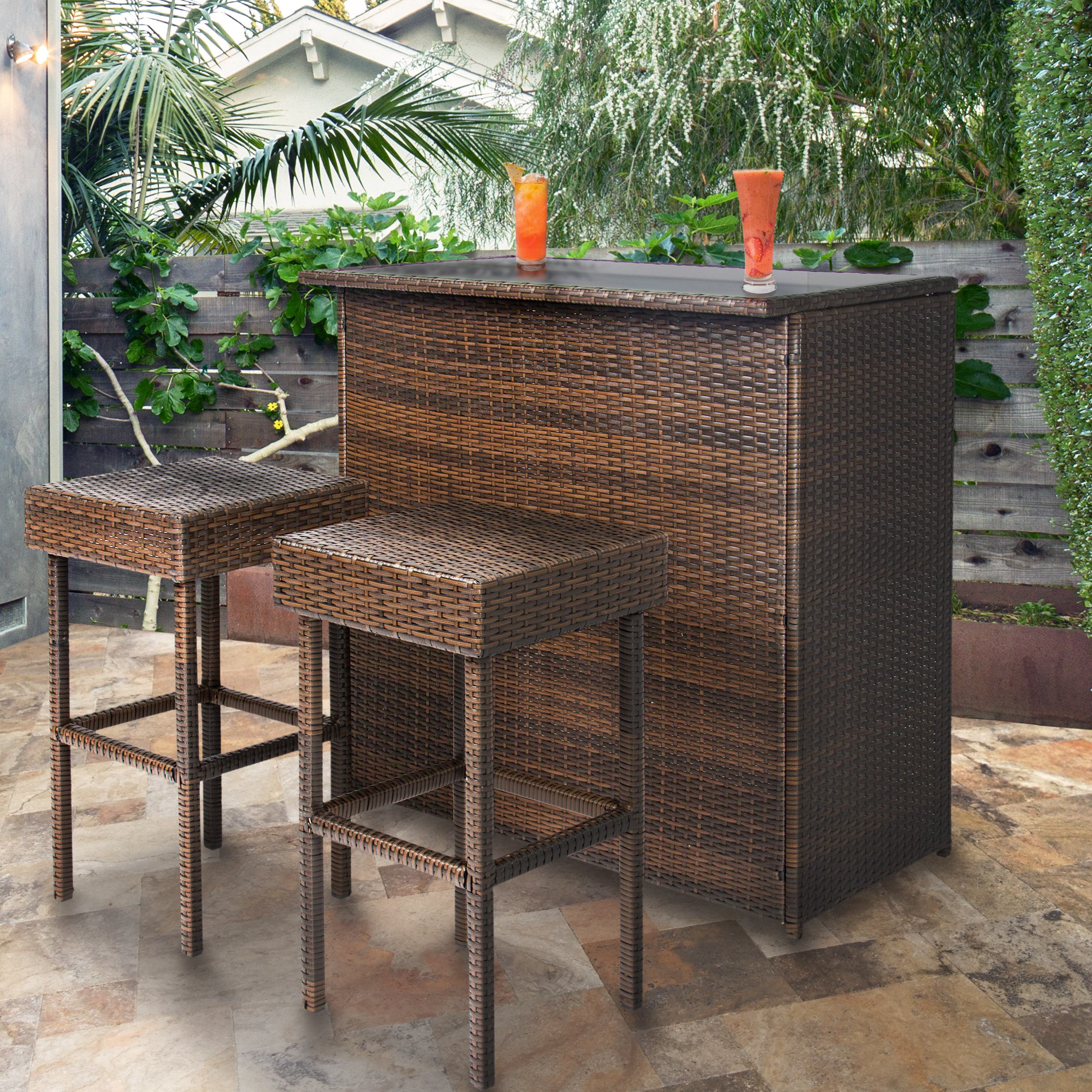 outdoor bar 3pc wicker bar set patio outdoor backyard table u0026 2 stools rattan garden  furniture MASLBMB