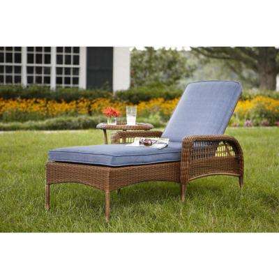 outdoor chaise lounge spring haven brown all-weather wicker patio chaise lounge with sky blue  cushions DHNLRMS