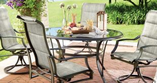 patio dining sets hampton bay statesville 5-piece padded sling patio dining set with 53 in.  glass SNAJXDZ
