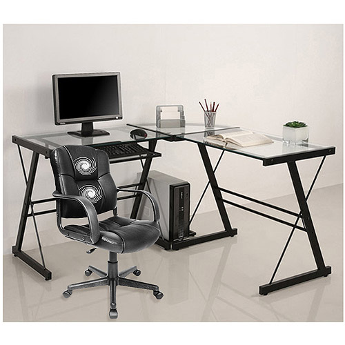 3-piece glass computer desk and relaxzen 2-motor mid-back leather office ZZDQDRR