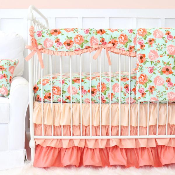 baby girl bedding mint and coral vintage floral ruffle baby bedding DIFZIUU