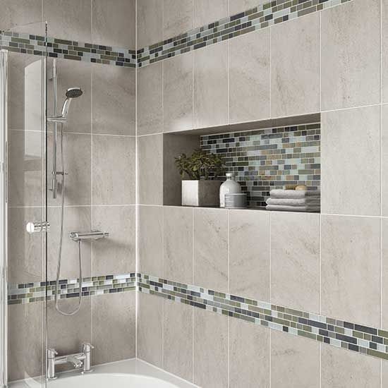 bathroom wall tiles details: photo features castle rock 10 x 14 wall tile with glass horizons SWIXYIE