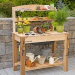 garden table potting bench - cedar potting table with soil sink and shelves FYIMRGE