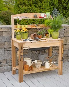 garden table potting bench - cedar potting table with soil sink and shelves FYIMRGE