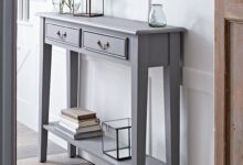 hallway table with a warm grey painted finish and two slender drawers with simple brassu2026 YKJUHJW