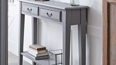 hallway table with a warm grey painted finish and two slender drawers with simple brassu2026 YKJUHJW