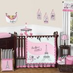 pink, black and white stripe paris baby girl bedding 11 piece french eifell HEVFKWX