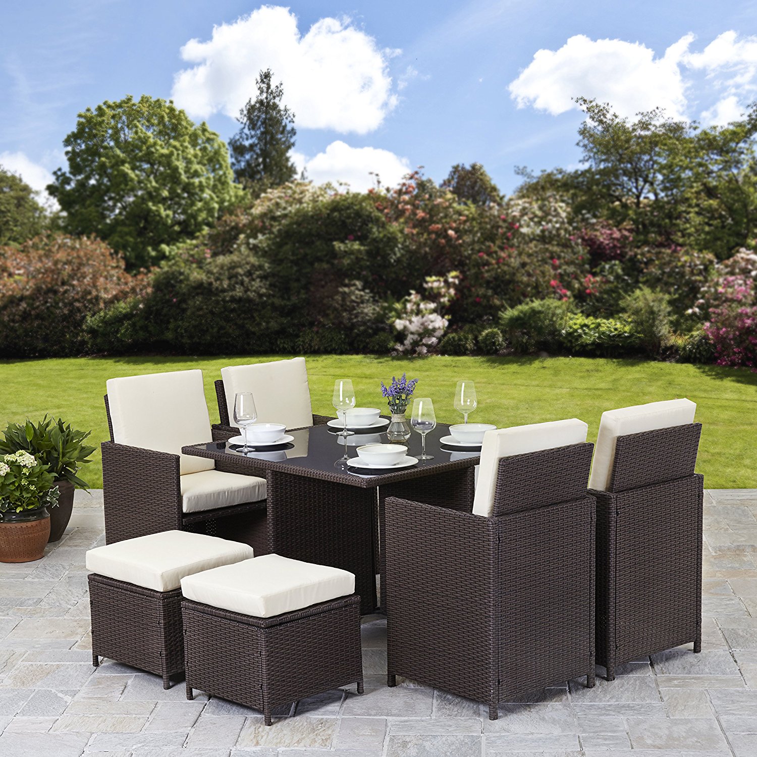 rattan garden furniture rattan cube garden furniture set 8 seater outdoor wicker 9pcs with parasol AGVAKOF