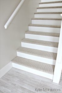 Carpeting stairs stairs with carpet herringbone treads and painted white risers, looks like  a XIZCBVH