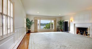 huge rug download large empty living room with fireplace and lake view. stock photo QVYQAOM