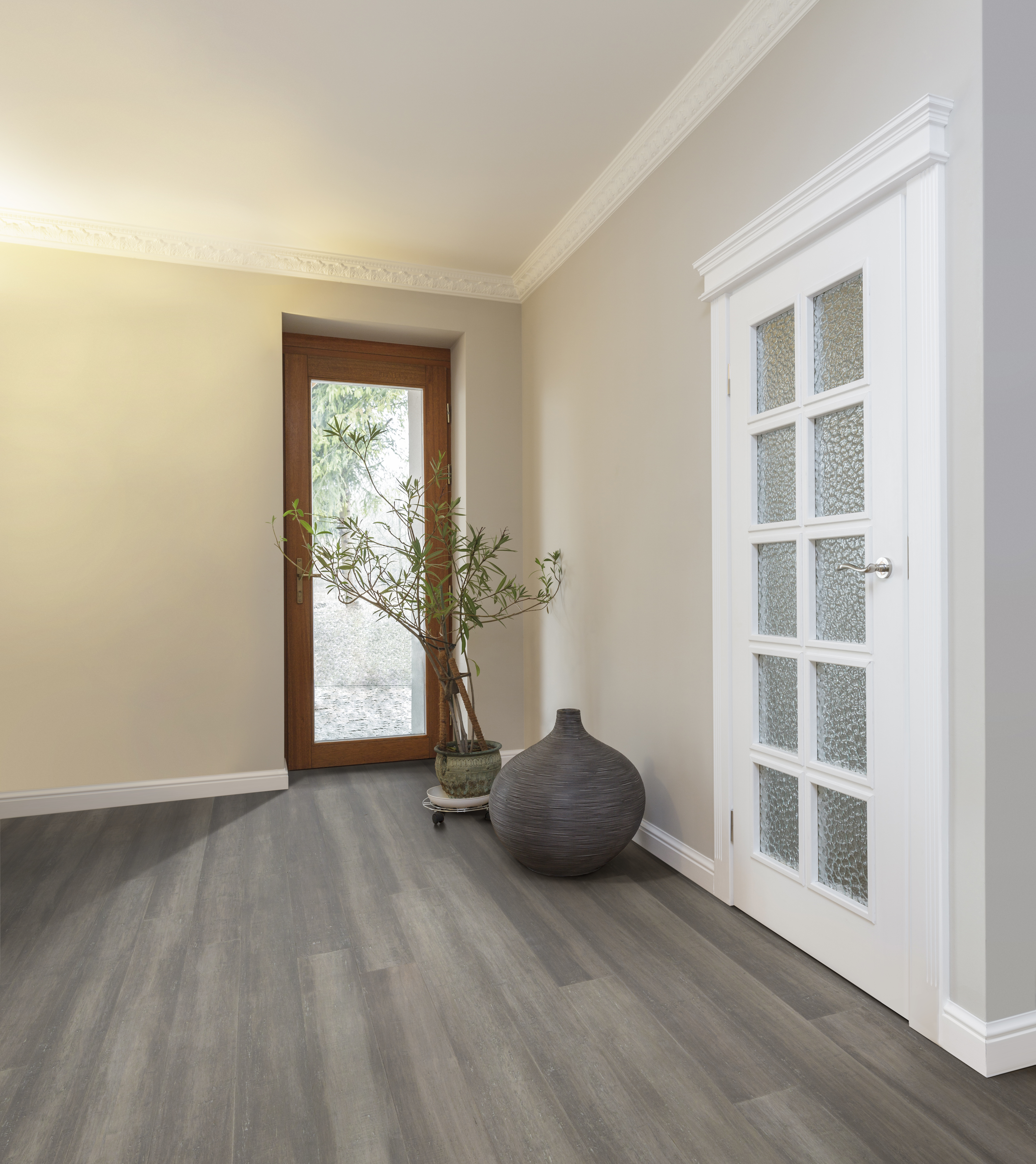 Solid stone floors tuscany - corridor and huge glass door stone grey strand woven bamboo SBIEAZP