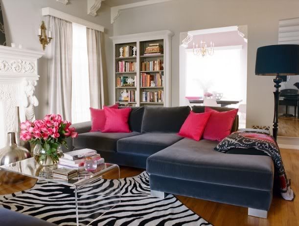 zebra print rug in living room pink and gray living room, lucite coffee table, zebra rug, with built-in DXVCVXW