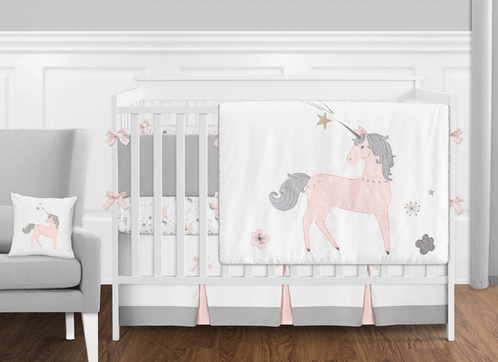 9 pc. Pink, Grey and Gold Unicorn Baby Girl Crib Bedding Set with