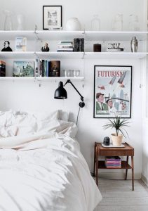 casual bedroom | home, interior, white, shelving, bedding, vintage