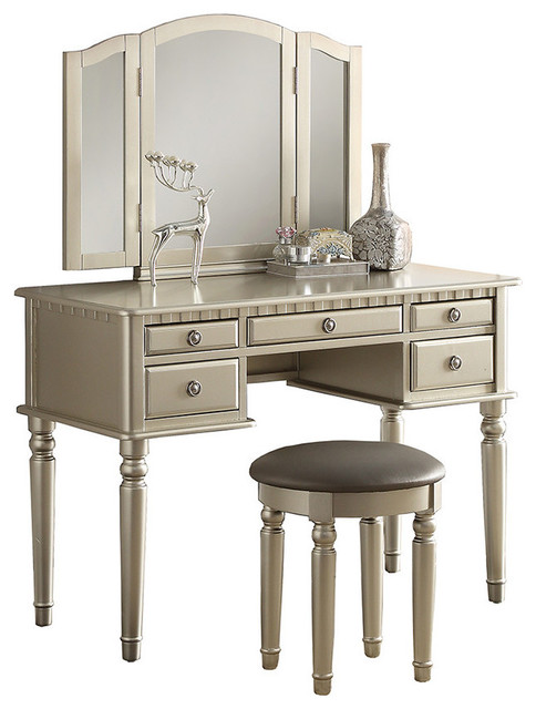 3-Piece Bedroom Vanity Set, Champagne Silver - Traditional - Bedroom