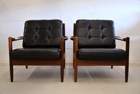 Mid-Century Scandinavian Wood & Black Leather Armchairs for sale at
