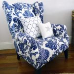 Wing chair upholstered in a blue and white Jacobean print | Blue