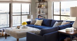 Brilliant Design of Living Room Applied Blue Sectional Sofa and