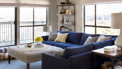 Brilliant Design of Living Room Applied Blue Sectional Sofa and