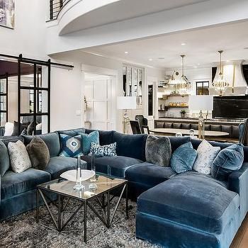 Blue Velvet Sectional with Blue Chaise Lounge | Living Room