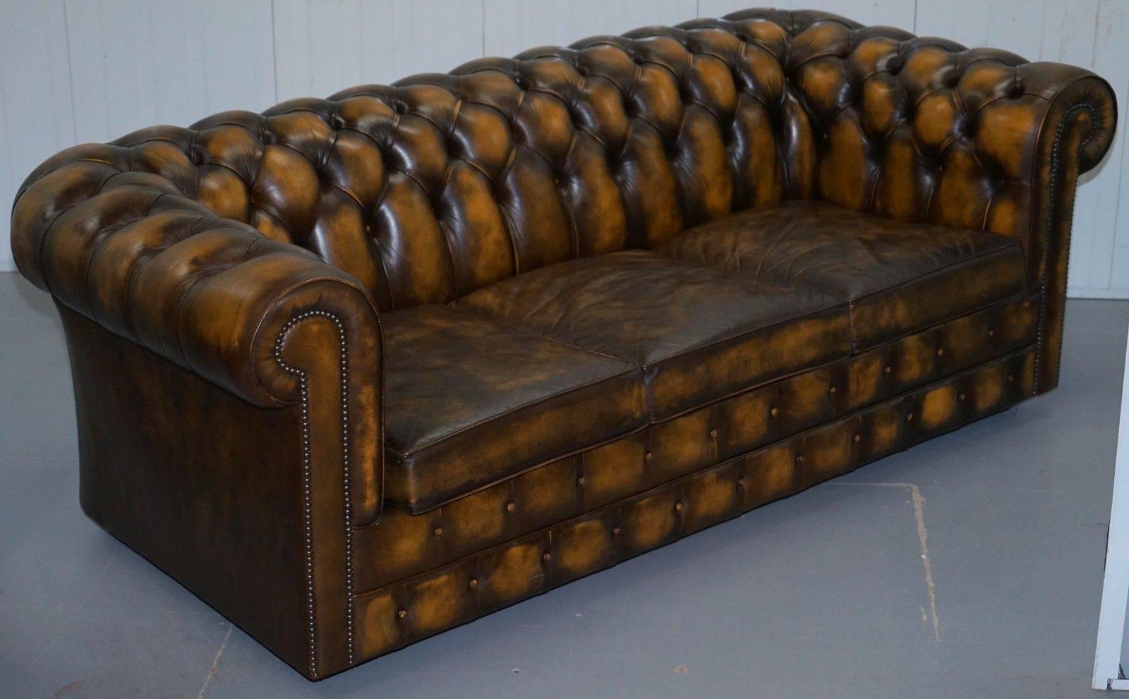 Substantial Hand Dyed Aged Brown Leather Chesterfield Sofa Bed from
