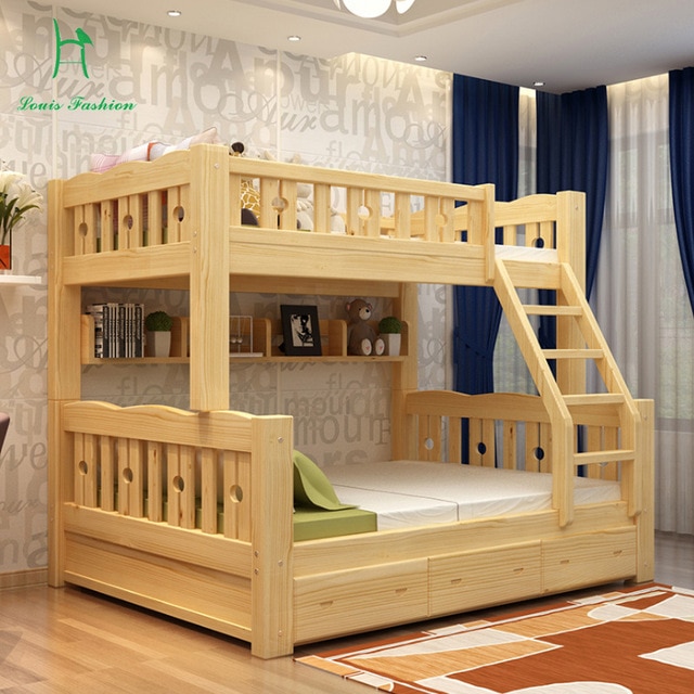 Solid wood bunk bed children wooden upper and lower level students