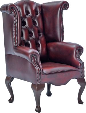 Childrens Leather Scroll Wing Chair, with Dark Wood Legs