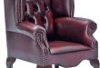 Childrens Leather Scroll Wing Chair, with Dark Wood Legs