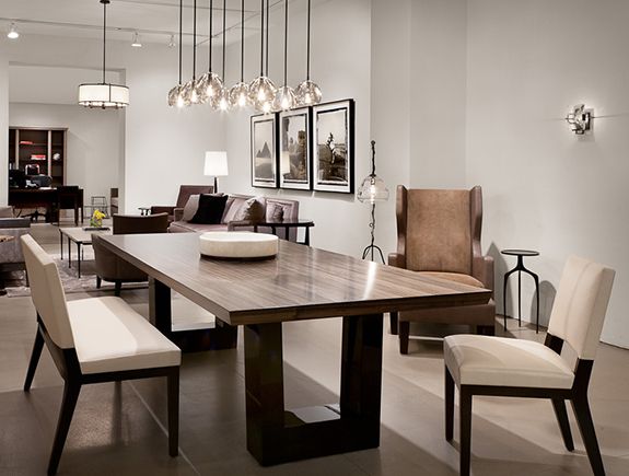 Contemporary dining room. Love the modern wood dining table, the