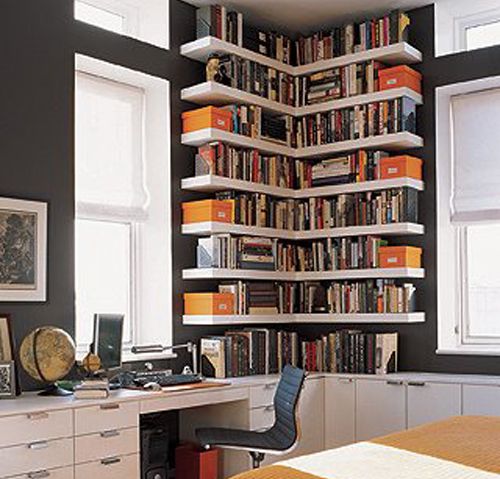 Small corner bookshelves/library. Great use of the space. This look