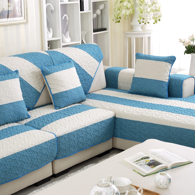 Summer Linen Couch Covers for Home Blue Strip Pattern Sofa