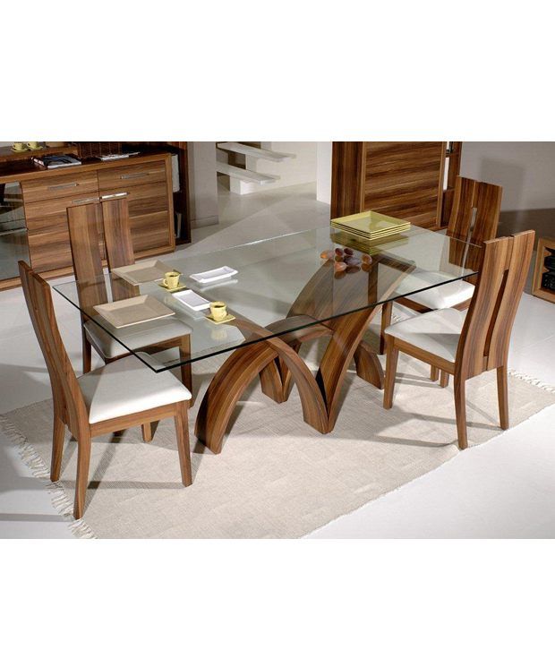 Dream Furniture Teak Wood 6 Seater Luxury Rectangle Glass Top Dining