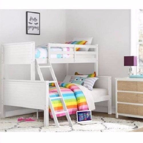 Twin over Full White Wood Bunk Bed Kids Boys Girls Bedroom Furniture
