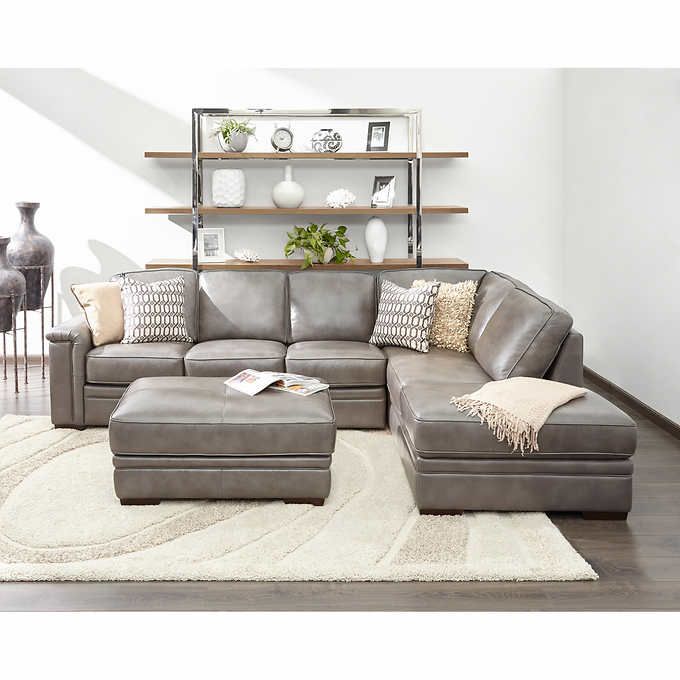 Alandro Grey Top Grain Leather Sectional with Pull-out Bed and