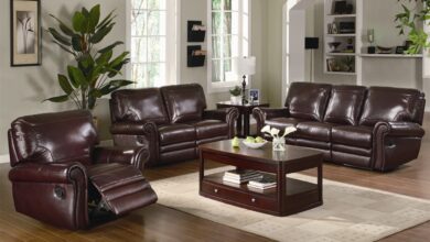Teagan 2 Piece Reclining Sofa Set in Burgundy Leather Upholstery by