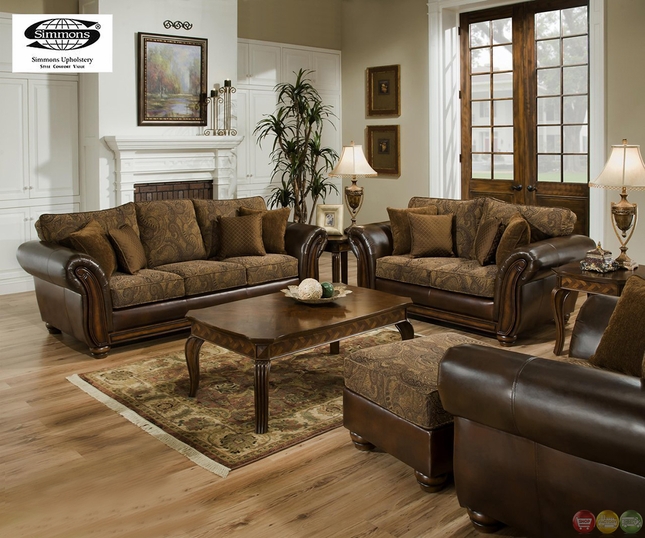 Zephyr Chenille and Leather Living Room Sofa & Loveseat Set