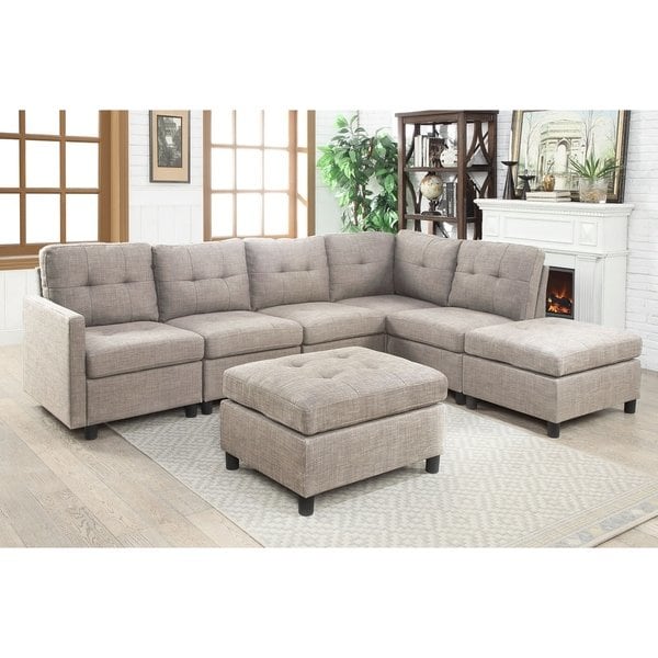 Shop 7pcs Grey Linen Fabric Modular Sectional Sofa - Free Shipping