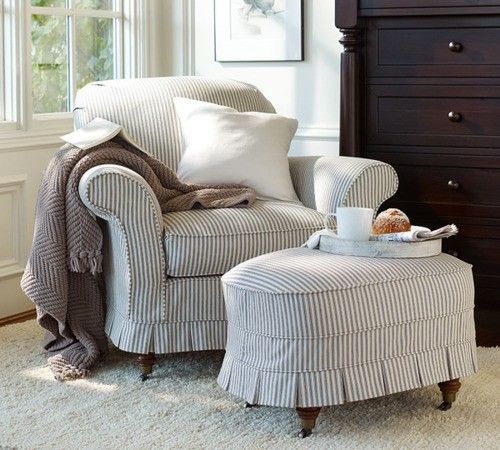 re-slip my chair + ottoman in gray ticking | Slipcovers to sew