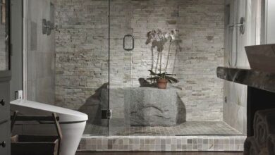 Wall Design Ideas |  with Stacked Stone Wall: Unique Bathroom