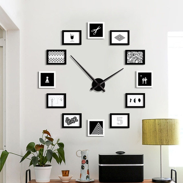 Large DIY Wall Clock Modern Design 12 Photo Frame Clocks Creative