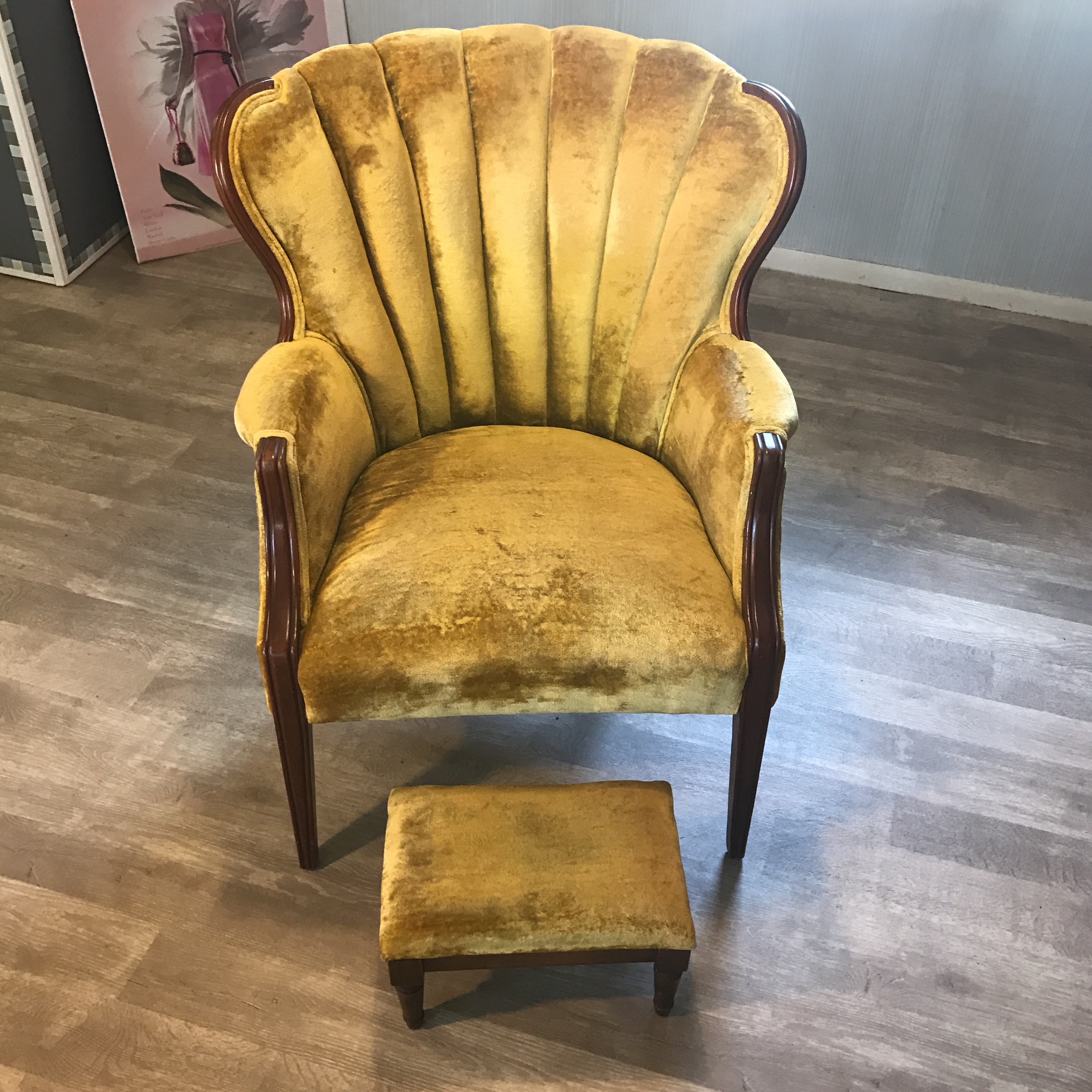 Antique 1920s Crushed Yellow Velvet Arm Chair with Footstool | Chairish